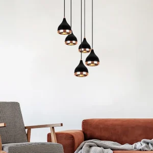 Lustre em metálico preto e acobreado, 5 abajures, D43 x A45/135 cm - YILDO