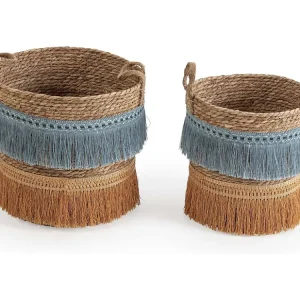 Conjunto de 2 cestas Indie de fibra integral com alças, azul/laranja.
