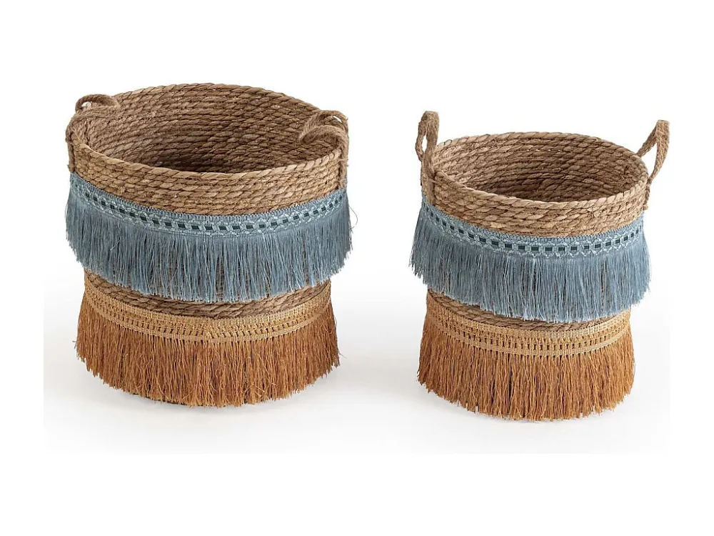 Conjunto de 2 cestas Indie de fibra integral com alças, azul/laranja.