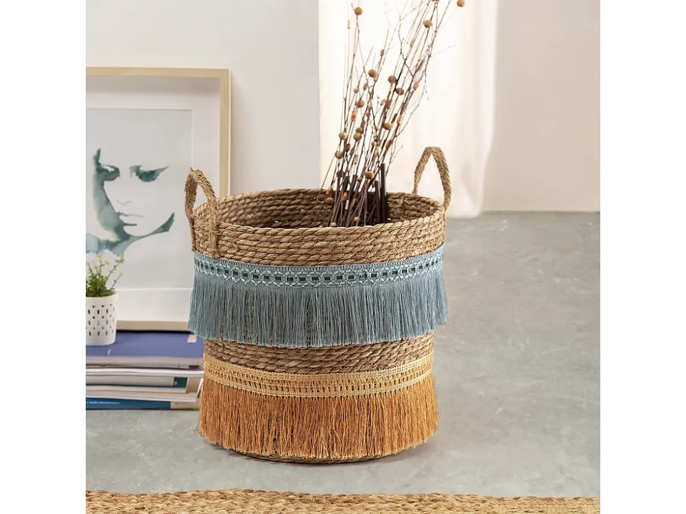 Conjunto de 2 cestas Indie de fibra integral com alças, azul/laranja.