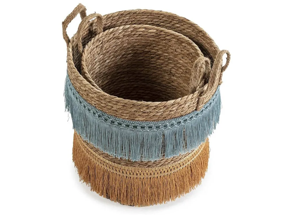 Conjunto de 2 cestas Indie de fibra integral com alças, azul/laranja.