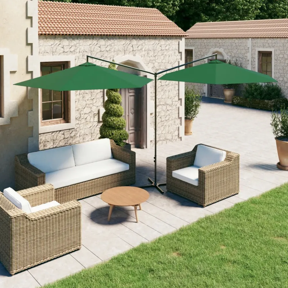 Guarda-sol de jardim duplo com poste de ço 600 cm verde