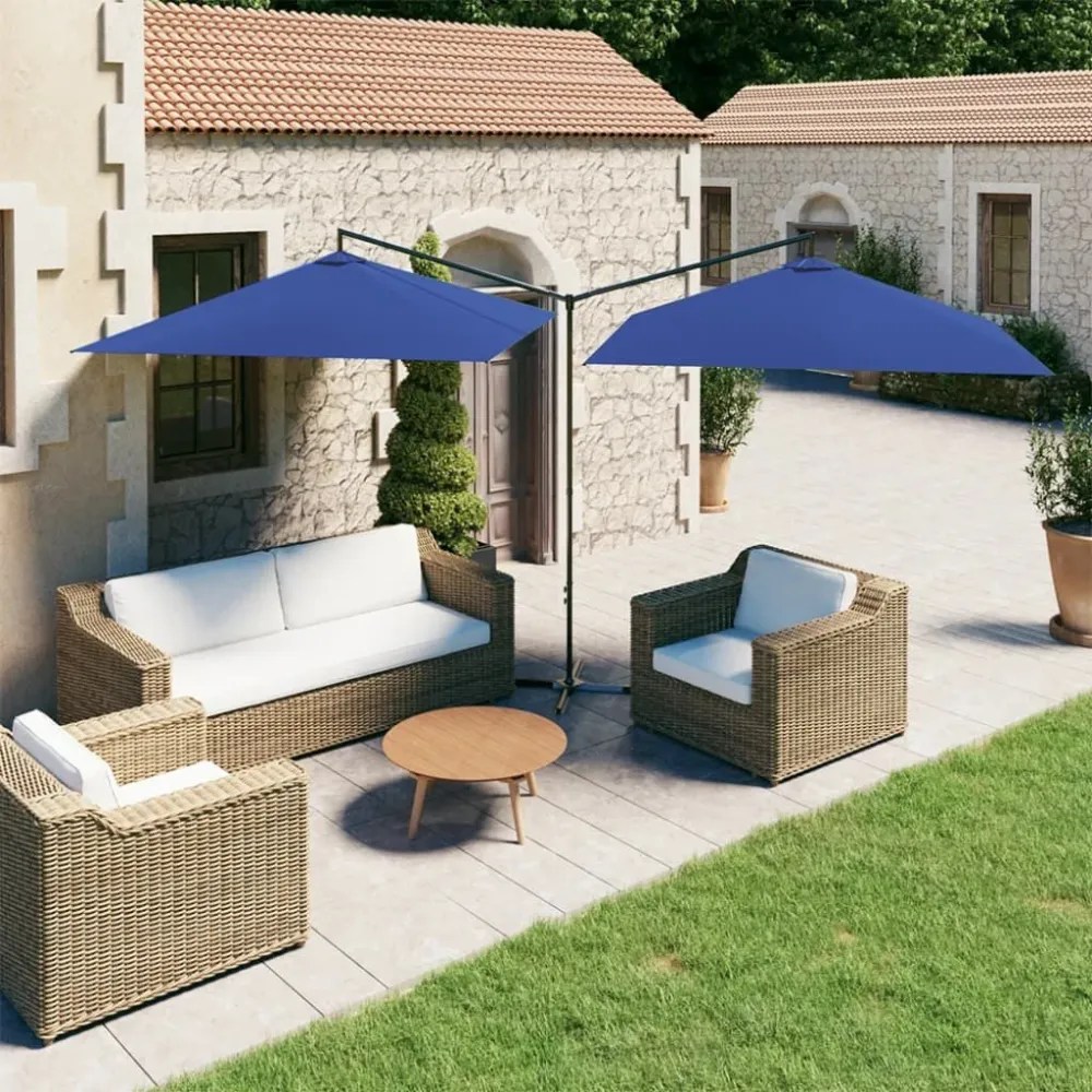 Guarda-sol de jardim duplo com poste de ço 600x300cm azul-ciano