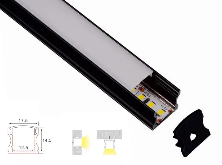 Estrutura do perfil | Lei de 1 metro | Black - Mat Opal | 17,5 x 14,5 | Tira de led de cobra