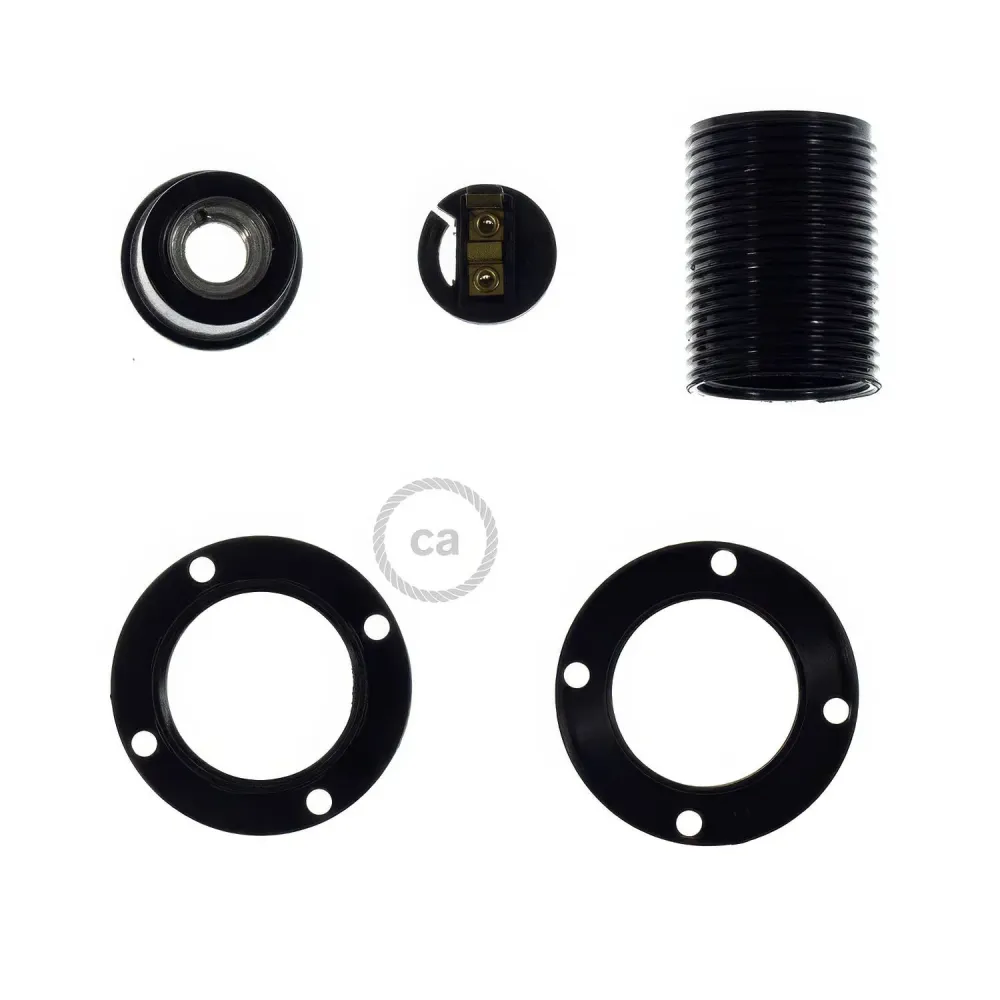 Kit de casquilho E14 em baquelite com dupla rosca para abajur - Preto