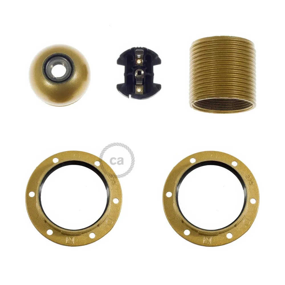 Kit casquilho E27 em baquelite com dupla argola para abajur - Ouro