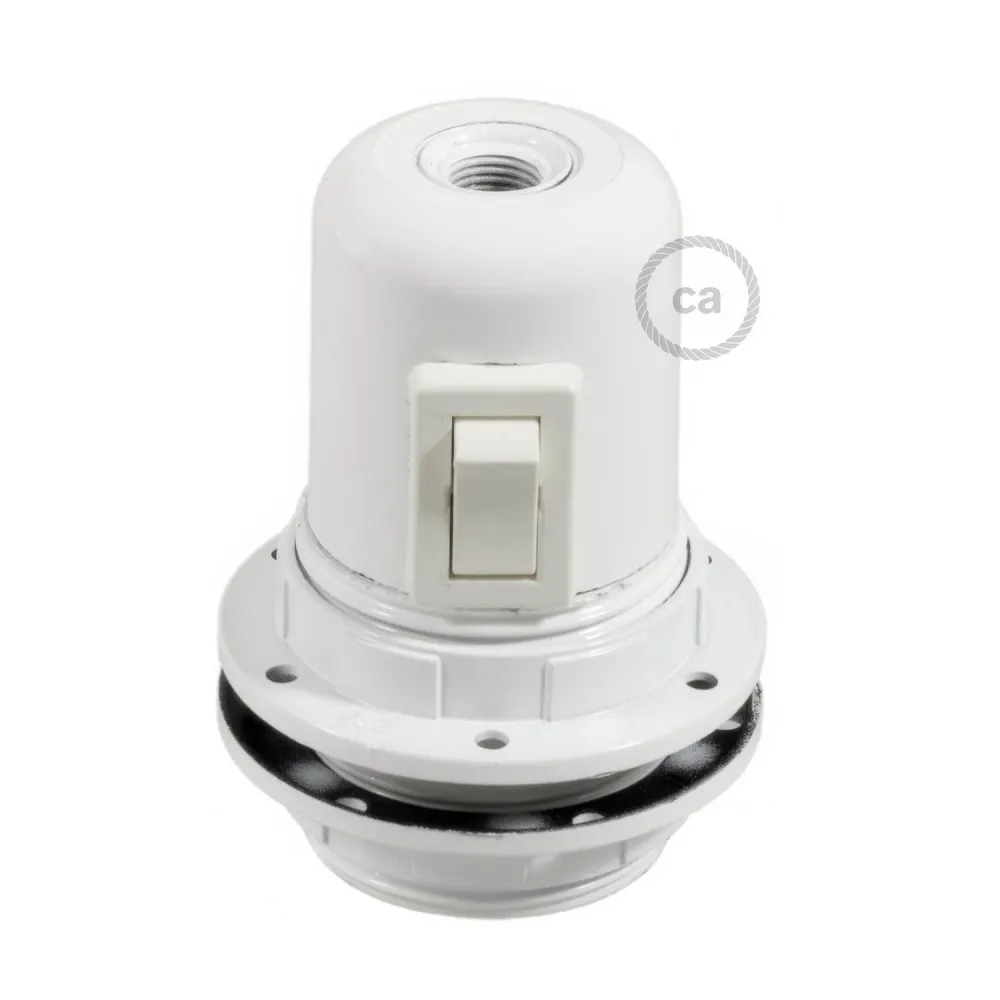Kit casquilho E27 em baquelite com dupla anilha para abajur e interruptor - Branco