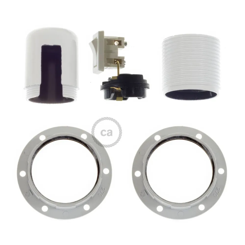 Kit casquilho E27 em baquelite com dupla anilha para abajur e interruptor - Branco
