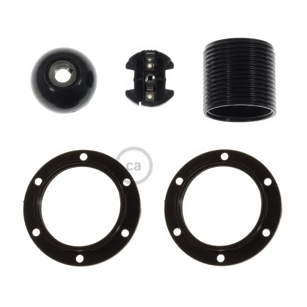 Kit de casquilho E27 em baquelite com dupla argola para abajur - Preto