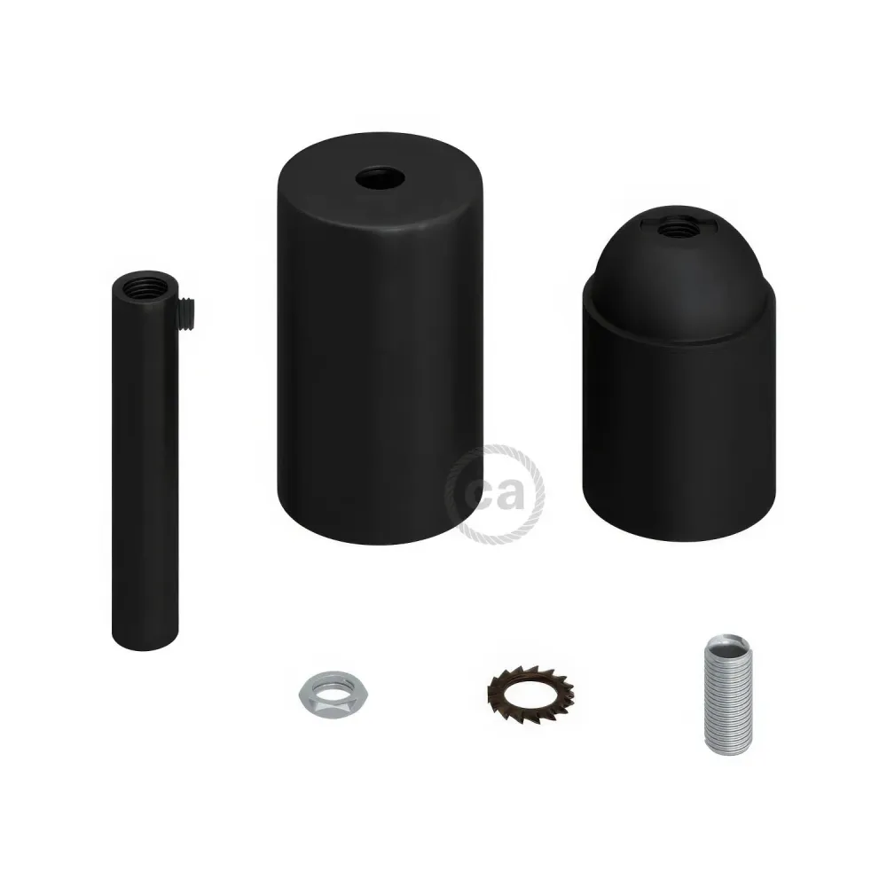 Kit casquilho E27 cilíndrico em metal com prensa-cabos de 7 cm - Preto