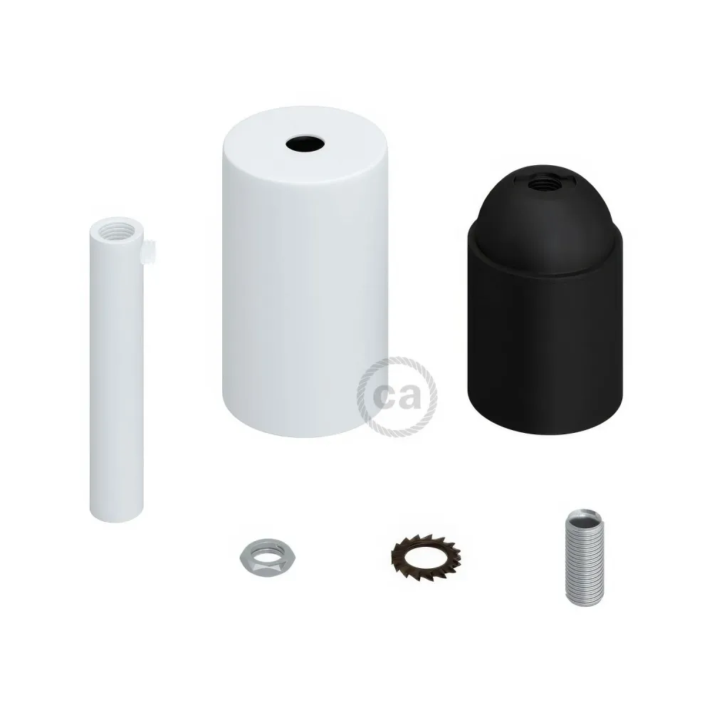 Kit casquilho E27 cilíndrico em metal com prensa-cabo de 7 cm - Branco mate
