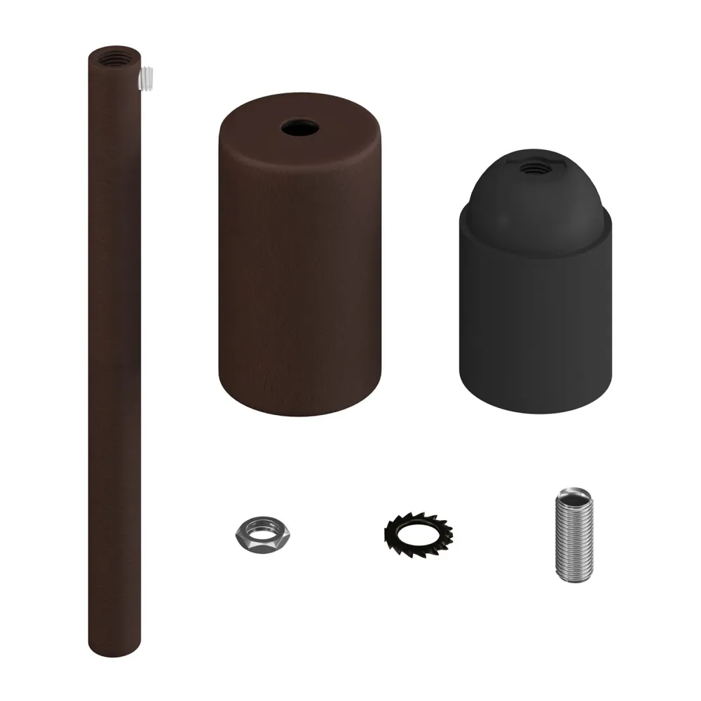 Kit casquilho E27 cilíndrico em metal com fixação de cabo de 15 cm - Ferrugem escura lacada
