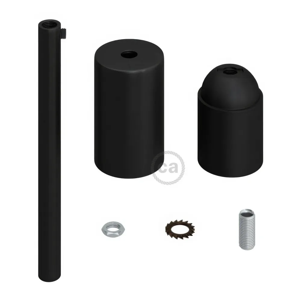 Kit casquilho E27 cilíndrico em metal com serracabo de 15 cm - Preto