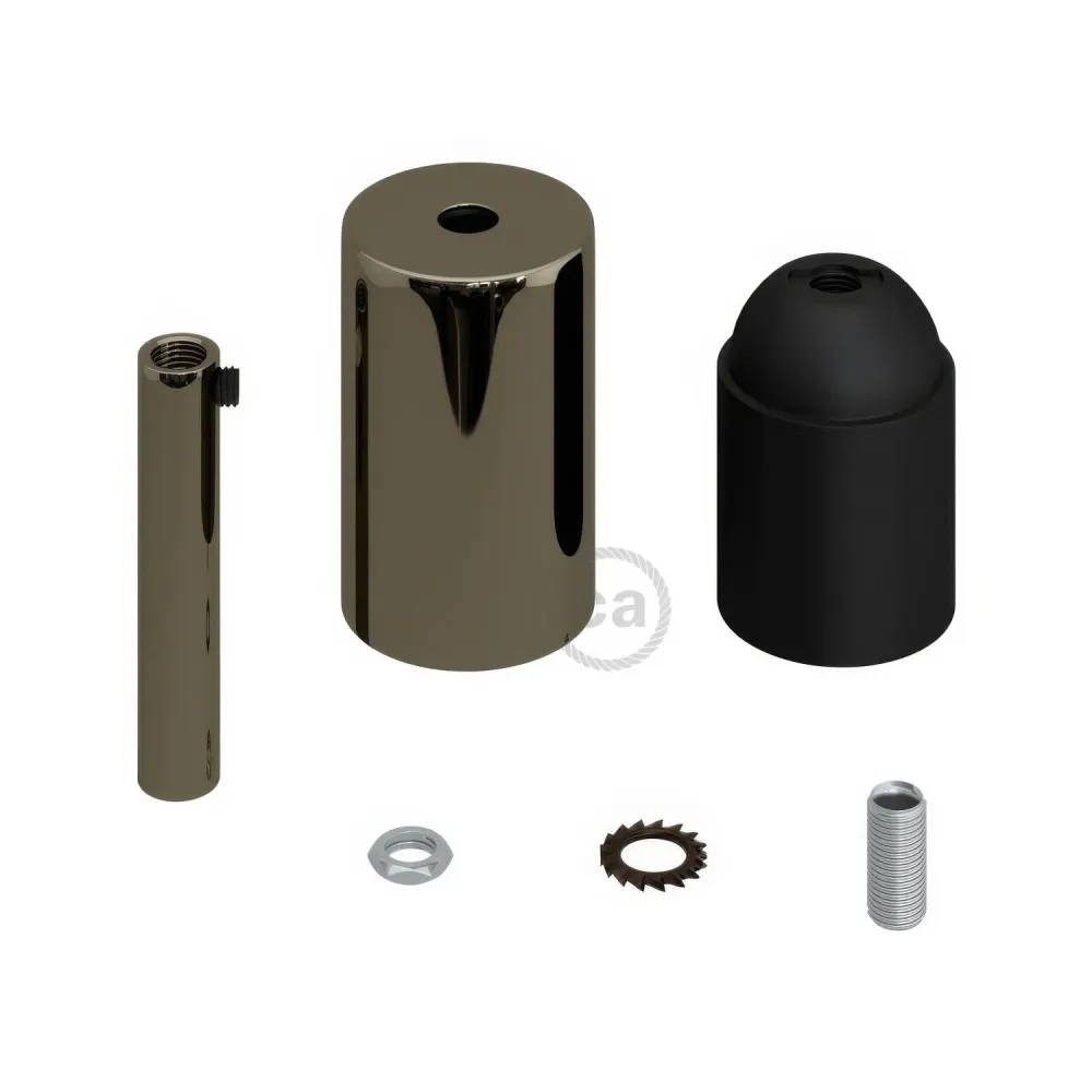 Kit casquilho E27 cilíndrico em metal com aperta-cabo de 7 cm - Preto pérola