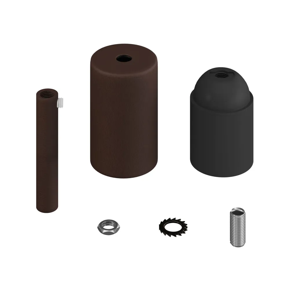 Kit casquilho E27 cilíndrico em metal com prensa-cabo de 7 cm - Ferrugem escura pintada