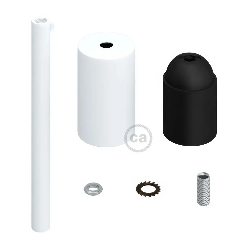 Kit casquilho E27 cilíndrico em metal com saca-cabo de 15 cm - Branco mate