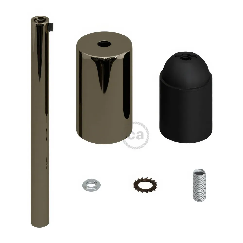 Kit casquilho E27 cilíndrico em metal com aperta-cabo de 15 cm - Preto pérola