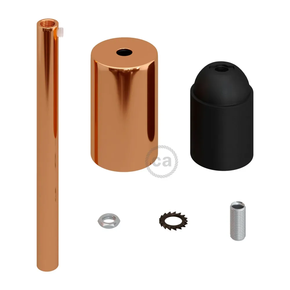 Kit casquilho E27 cilíndrico em metal com prensa-cabos de 15 cm - Cobre