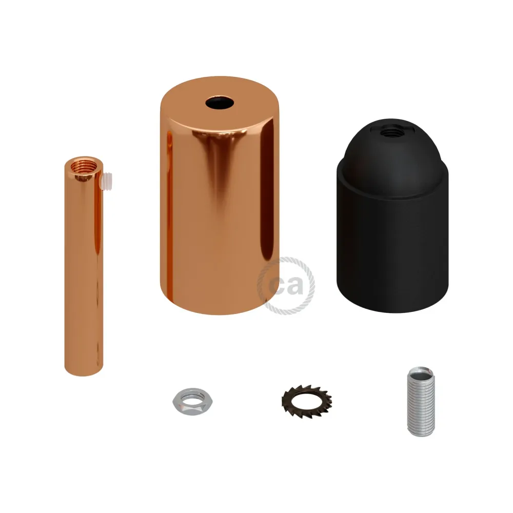 Kit casquilho E27 cilíndrico em metal com passa-cabo de 7 cm - Cobre
