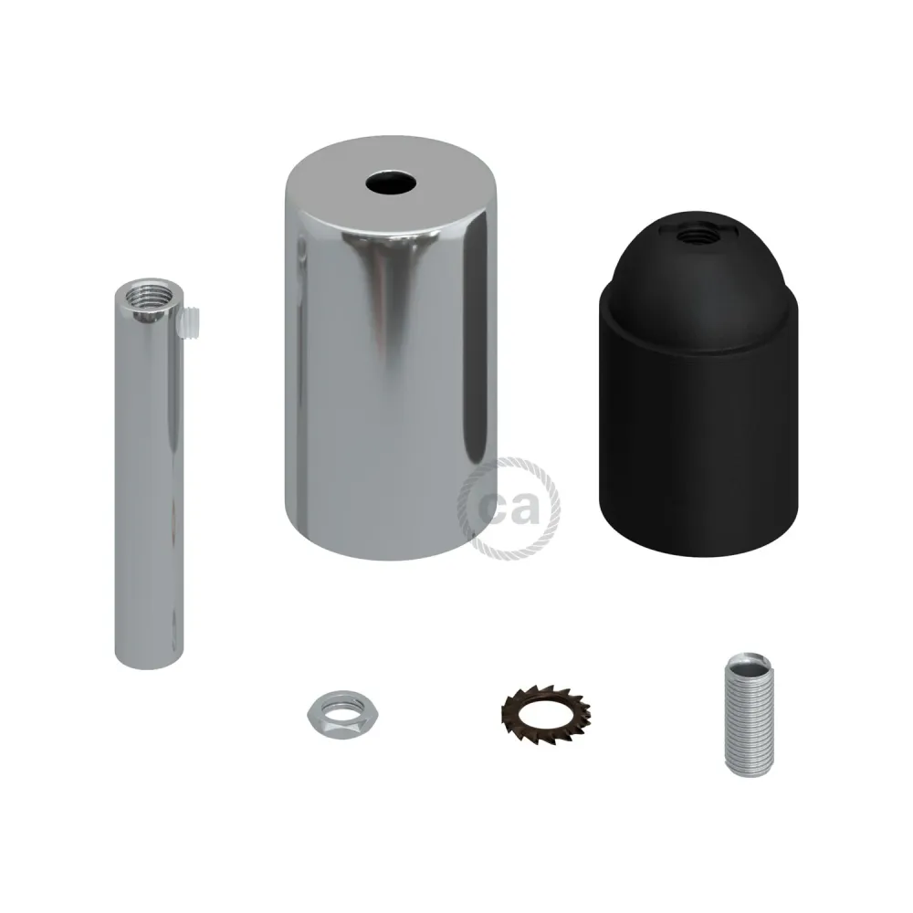 Kit casquilho E27 cilíndrico em metal com aperta-cabo de 7 cm - Cromado