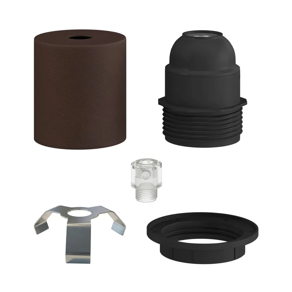 Kit casquilho E27 semi-rosqueado em metal com aperto de cabo oculto - Ferrugem escura pintada