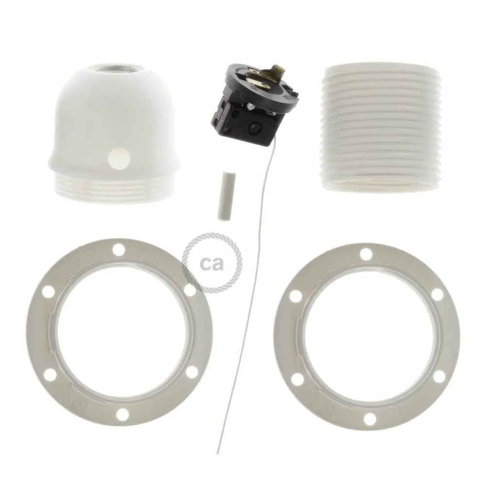 Kit casquilho E27 em termoplástico com dupla anilha para abajur e interruptor de cordão - Branco