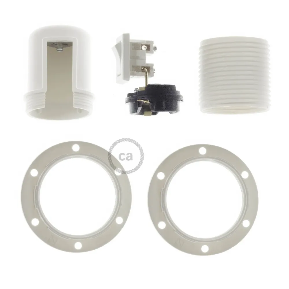 Kit casquilho E27 em termoplástico com dupla anilha para abajur e interruptor - Branco