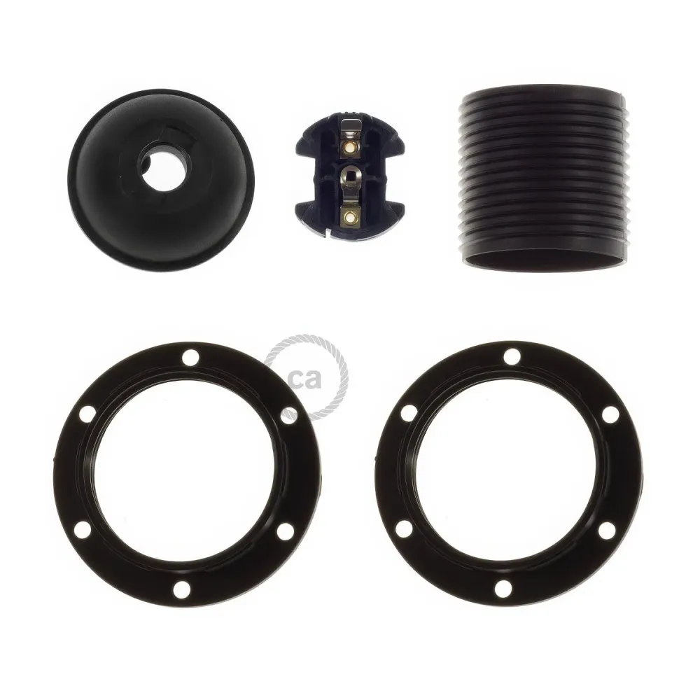 Kit de casquilho E27 em termoplástico com dupla argola para abajur - Preto