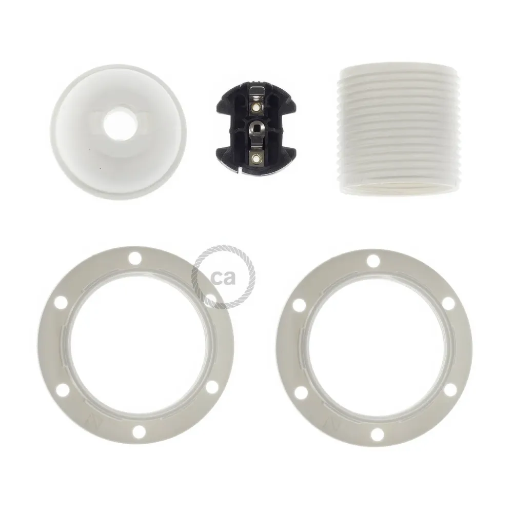 Kit de casquilho E27 em termoplástico com dupla anilha para abajur - Branco