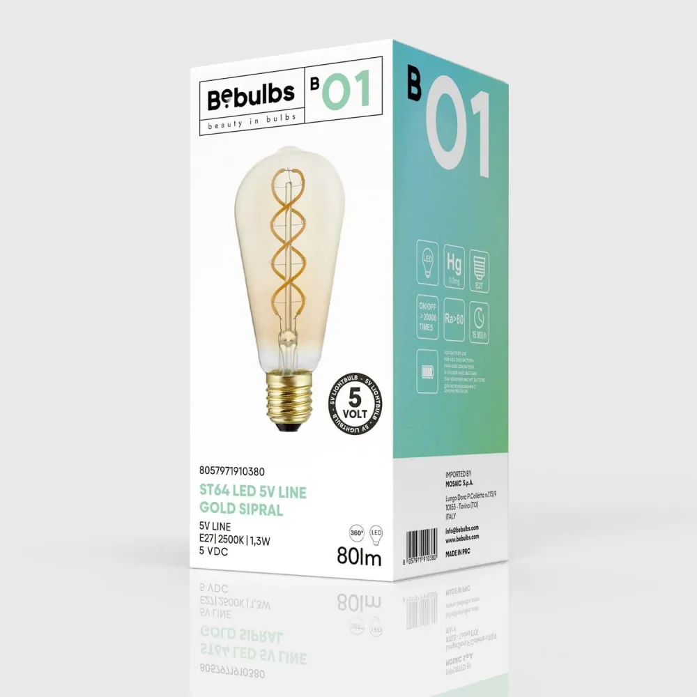 Lâmpada LED Dourada Linha 5V filamento espiral Edison ST64 1,3W 80Lm E27 2500K Regulável - B01