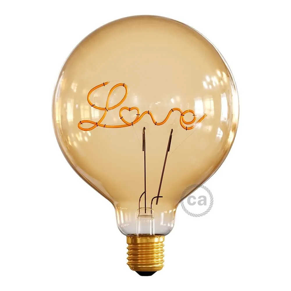 Lâmpada LED Dourada para base Globo G125 filamento Único “Love” 5W 250Lm E27 2000K Regulável