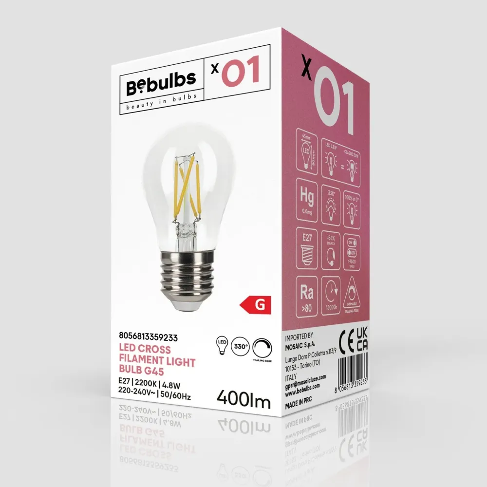 Lâmpada LED filamento cruzado Mini Globo G45 4,8W 400 lm E27 2200K Dimerizável - X01