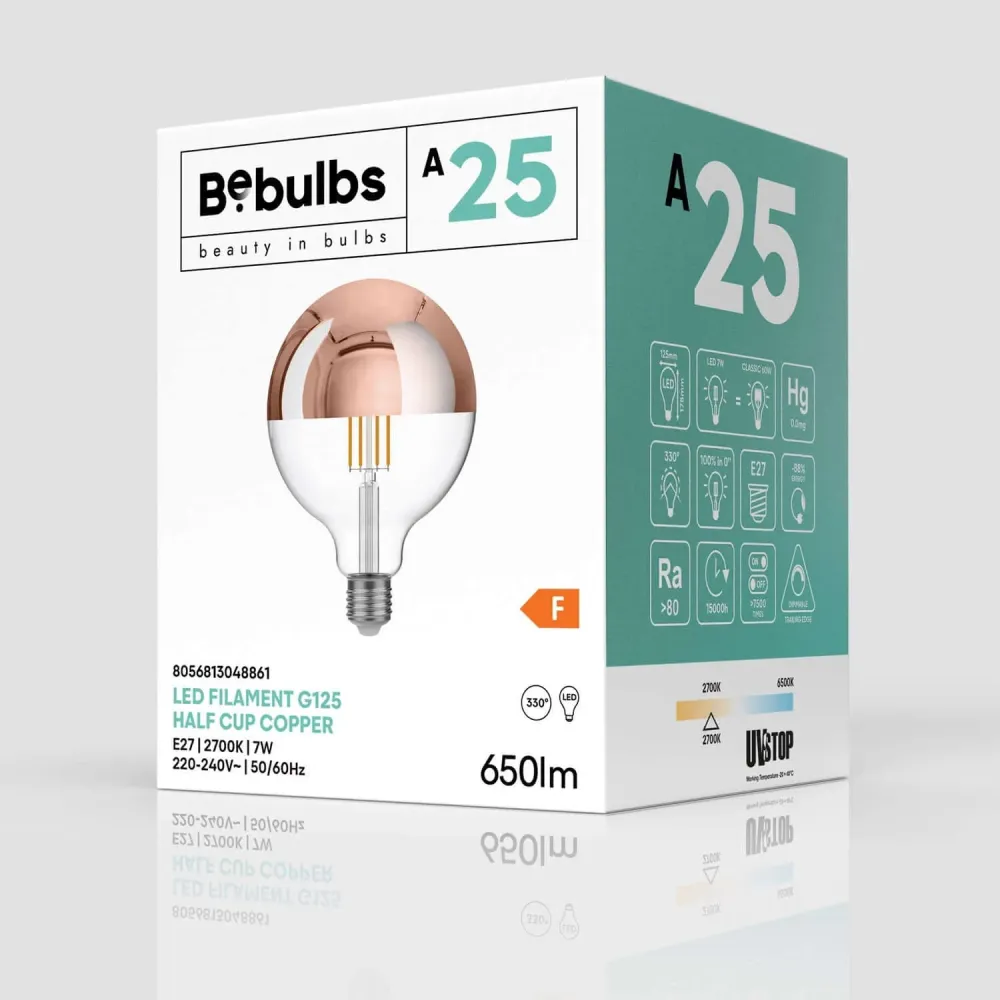 Lâmpada LED Meia Esfera Cobre Globo G125 7W 650Lm E27 2700K Regulável - A25