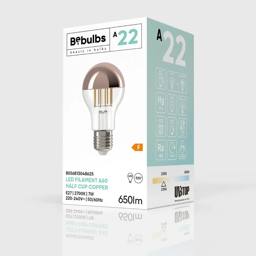 Lâmpada LED Meia Esfera Cobre Gota A60 7W 650Lm E27 2700K Regulável - A22