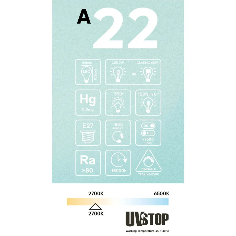 Lâmpada LED Meia Esfera Cobre Gota A60 7W 650Lm E27 2700K Regulável - A22