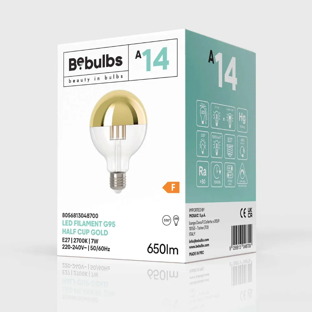 Lâmpada LED Meia Esfera Ouro Globo G95 7W 650Lm E27 2700K Regulável - A14