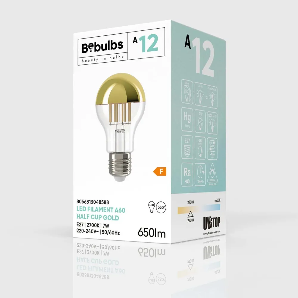 Lâmpada LED Meia Esfera Ouro Gota A60 7W 650Lm E27 2700K Regulável - A12