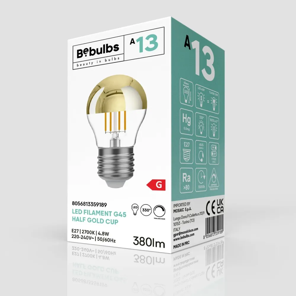 Lâmpada LED Meia Esfera Ouro Mini Globo G45 4,8W 380Lm E27 2700K Dimerizável - A13