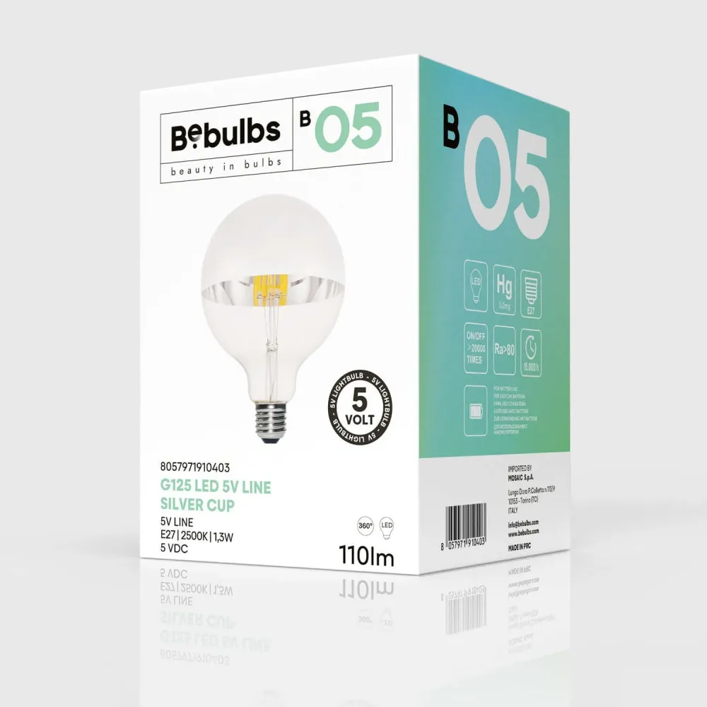 Lâmpada LED Meia Esfera Prata Linha 5V filamento curto Globo G125 1,3W 110Lm E27 2500K Regulável - B05