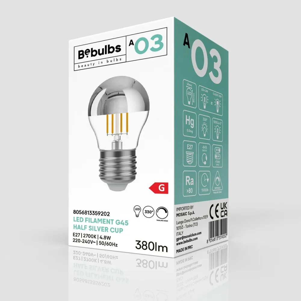 Lâmpada LED Meia Esfera Prata Mini Globo G45 4,8W 380 lm E27 2700K Dimerizável - A03