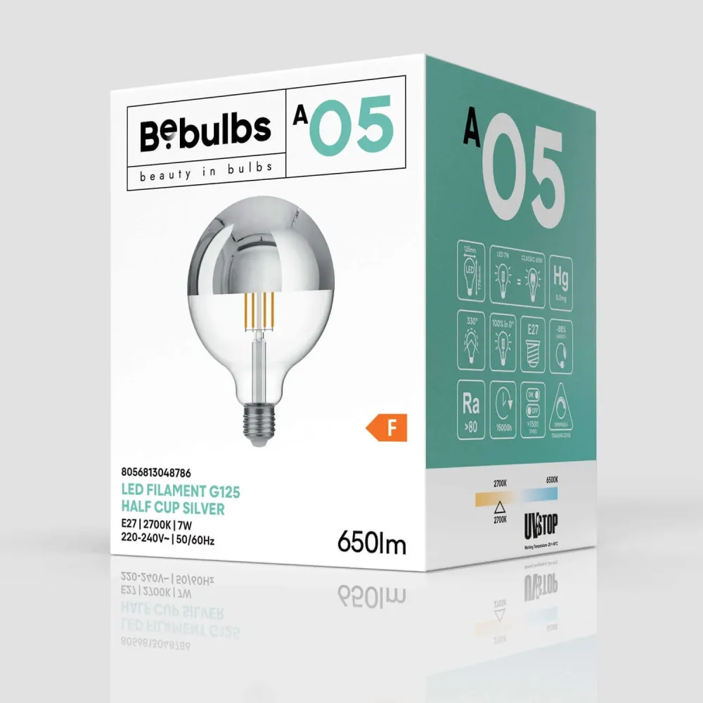 Lâmpada LED Meia Esfera Prateada Globo G125 7W 650Lm E27 2700K Regulável - A05