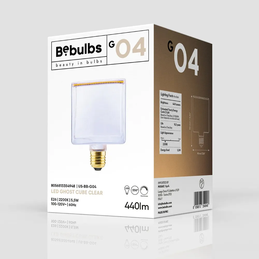 Lâmpada LED Transparente Ghost Line CRI 90 Cubo 5,5W 440Lm E26 120V 2200K Regulável - G04