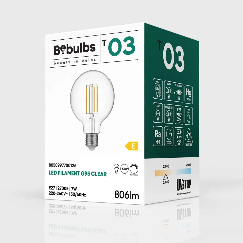 Lâmpada LED Transparente Globo G95 7W 806Lm E27 2700K Regulável - T03