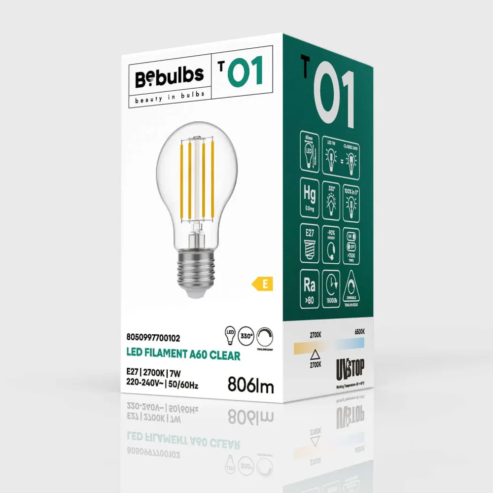 Lâmpada LED Transparente Gota A60 7W 806Lm E27 2700K Regulável - T01