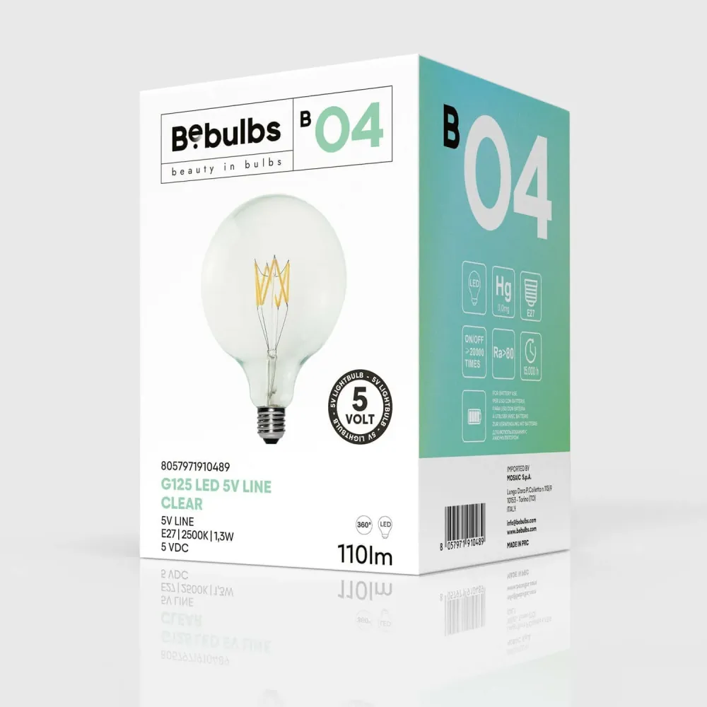 Lâmpada LED Transparente Linha 5V filamento curto Globo G125 1,3W 110Lm E27 2500K Regulável - B04