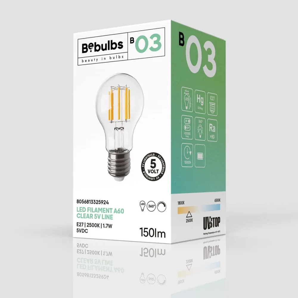 Lâmpada LED Transparente Linha 5V filamento vertical Gota A60 1,7W 150Lm E27 2500K Regulável - B03