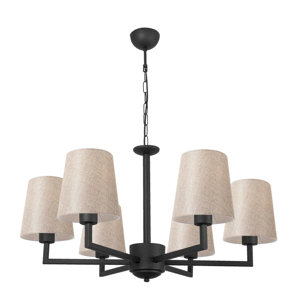Lustre de 6 braços Sruntor D80cm Metálico Preto e Tecido Branco creme