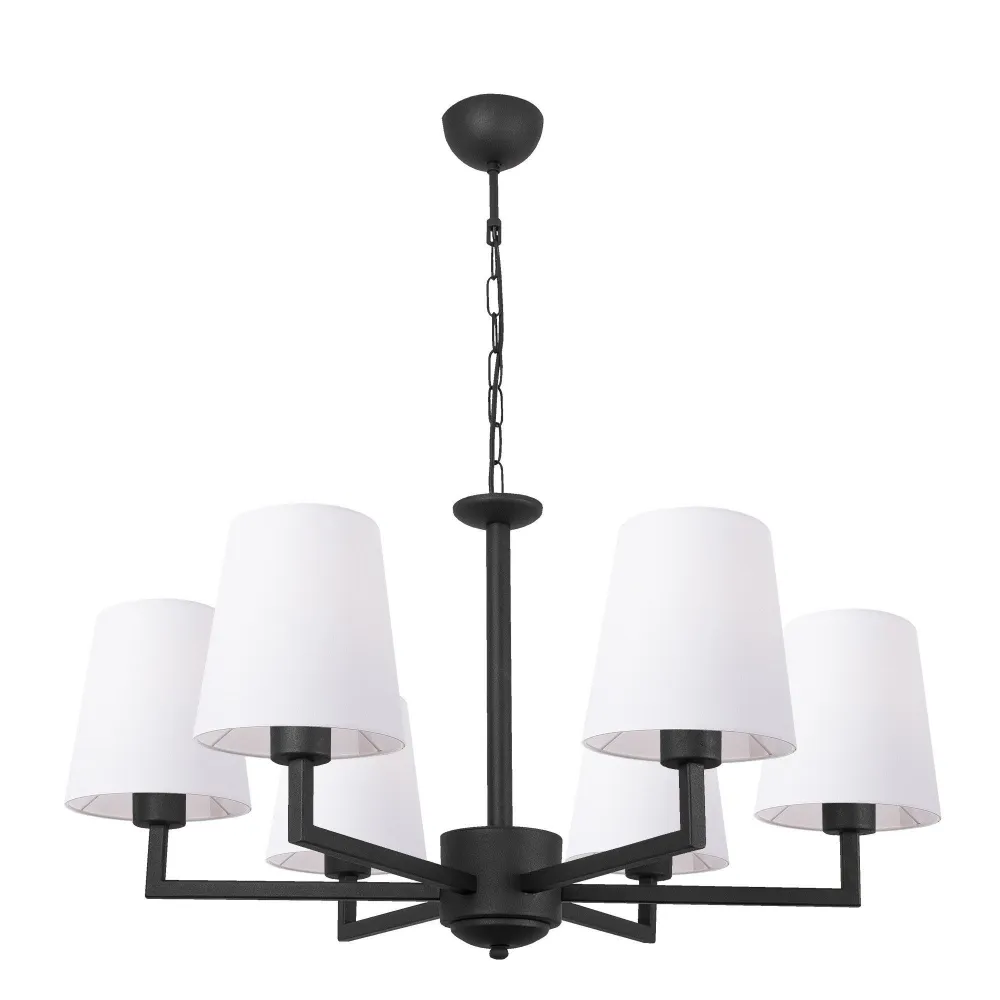 Lustre de 6 braços L Sruntor D80cm Preto em Metálico e Tecido Branco
