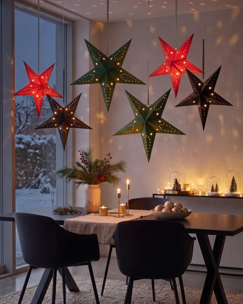 Set 2 LED Hanging Flanela Paper Stars 45 cm Green MOTTI
