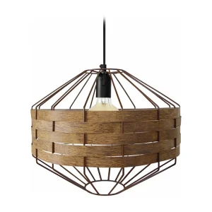 Suspensão TOSEL TRESSÉ BHAMO C metálico e madeira cilindro sucupira D18 x H80 cm